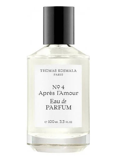 Thomas Kosmala No.4 Apres L’Amour perfume bottle with clear liquid and black cap