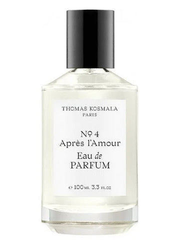 Thomas Kosmala No.4 Apres L’Amour perfume bottle with clear liquid and black cap