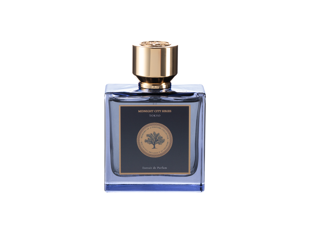 Tokyo Extrait De Parfum 75ml by Memoirs of a Perfume Collector in a square blue bottle with gold cap