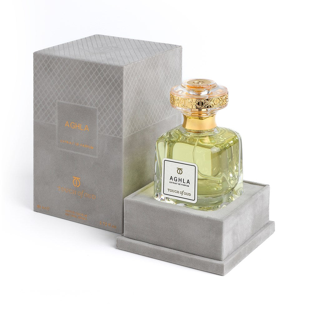 Touch Of Oud Aghla Extrait de Parfum 80ml elegant glass bottle with gold cap and luxury packaging