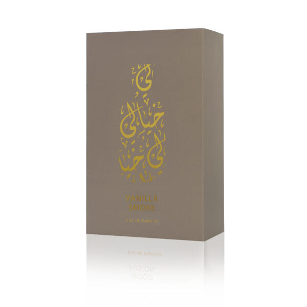 KHAYALI Vanilla Smoke perfume box featuring elegant design and gold lettering