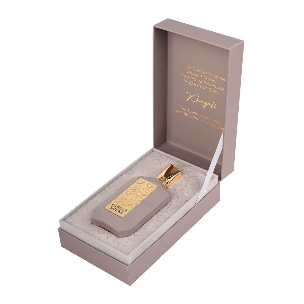 KHAYALI Vanilla Smoke perfume in an elegant bottle with a textured design for a luxurious fragrance experience