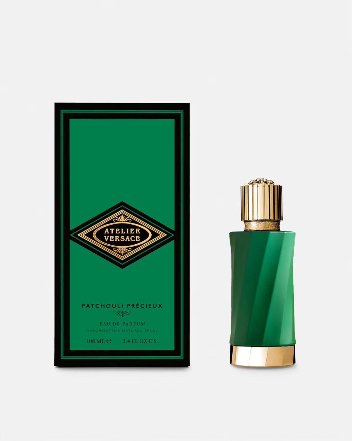 Versace Atelier Patchouly Precieuse EDP 100ml green and gold perfume bottle with matching box
