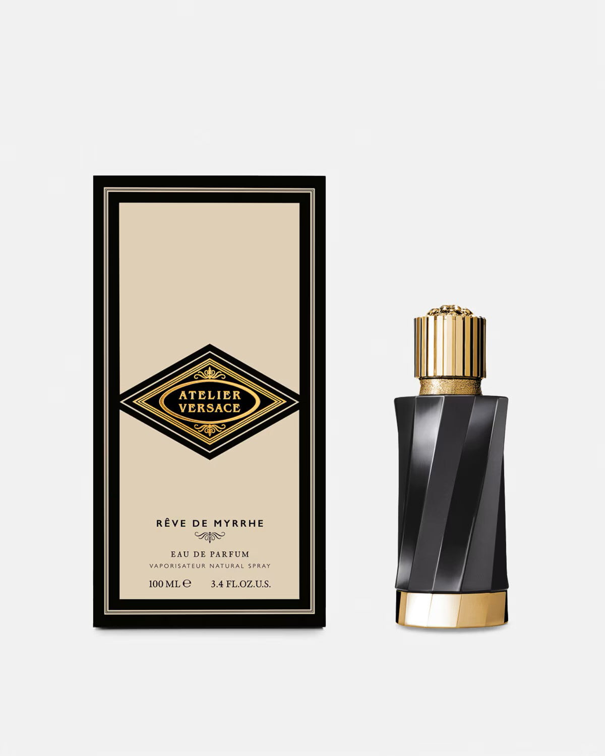 Versace Atelier Reve de Myrrhe perfume bottle and elegant black and gold packaging box