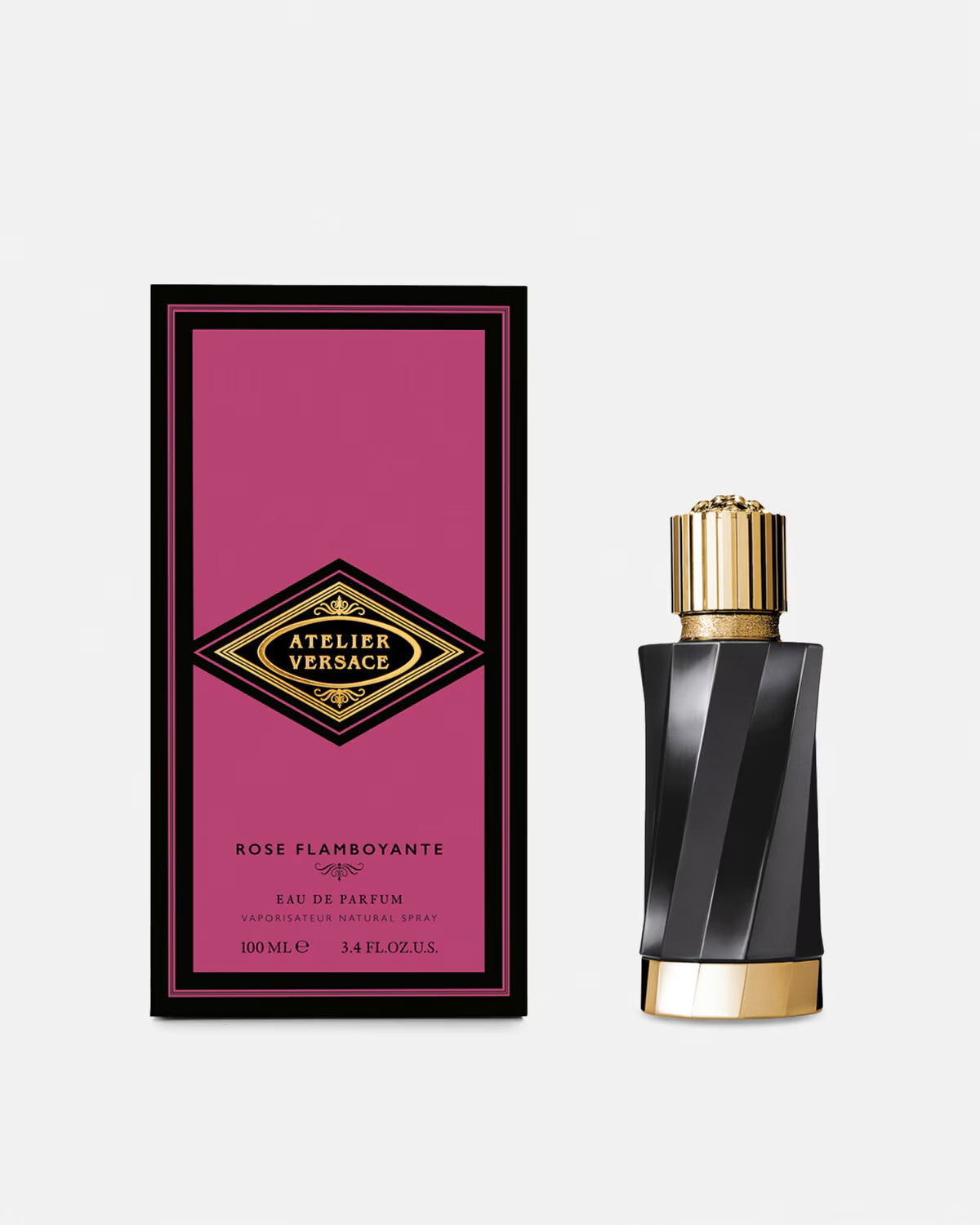 Versace Atelier Rose Flamboyante perfume bottle with elegant black and gold design next to pink and black packaging box