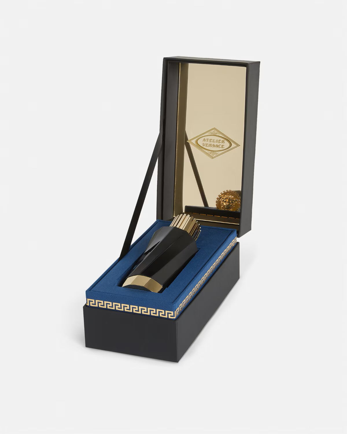 Versace Santal Boise Eau de Parfum bottle in a luxurious black and gold presentation box
