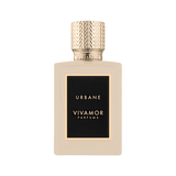 Vivamore Parfums Urbane 100ml perfume bottle with gold cap and black label on a beige bottle