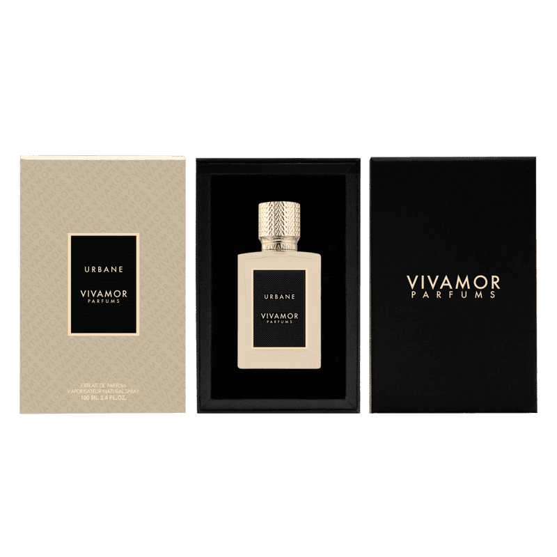 Vivamor Parfums Urbane 100ml perfume bottle with matching box and elegant black packaging