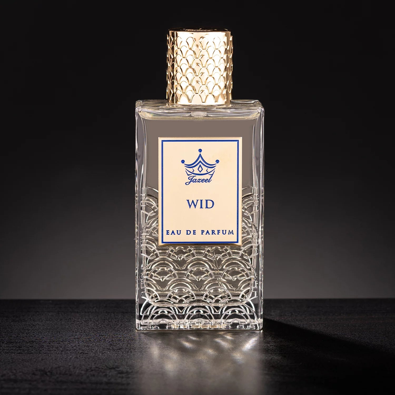 Jazeel Perfumes Wid Eau de Parfum 100ml in a clear decorative glass bottle with gold cap