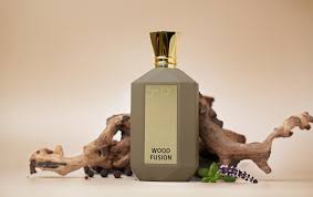 KHAYALI Wood Fusion perfume in elegant bottle with a stylish design and gold accents