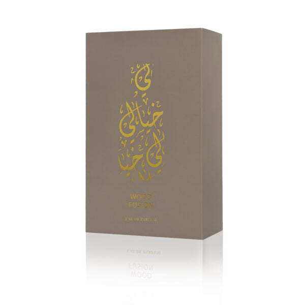 Elegant KHAYALI Wood Fusion Perfume packaging in a stylish box with golden accents
