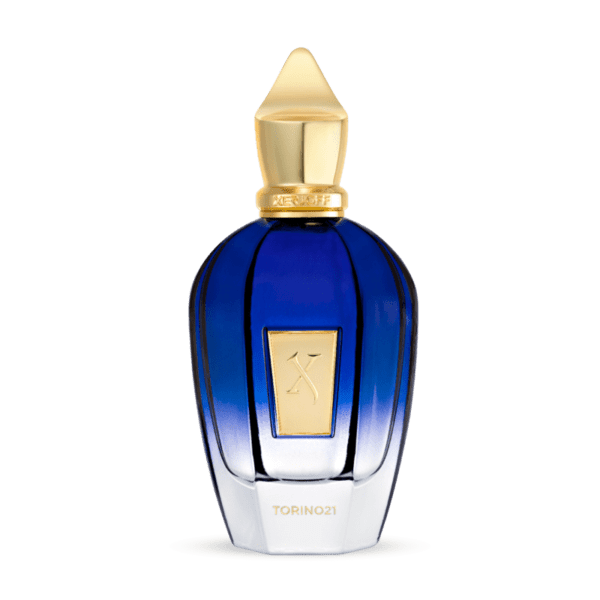 Xerjoff Torino 21 Eau de Parfum luxury blue and gold bottle with elegant design