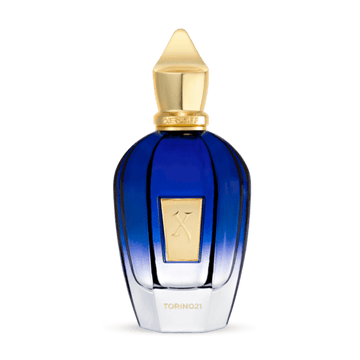 Xerjoff Torino 21 Eau de Parfum luxury blue and gold bottle with elegant design