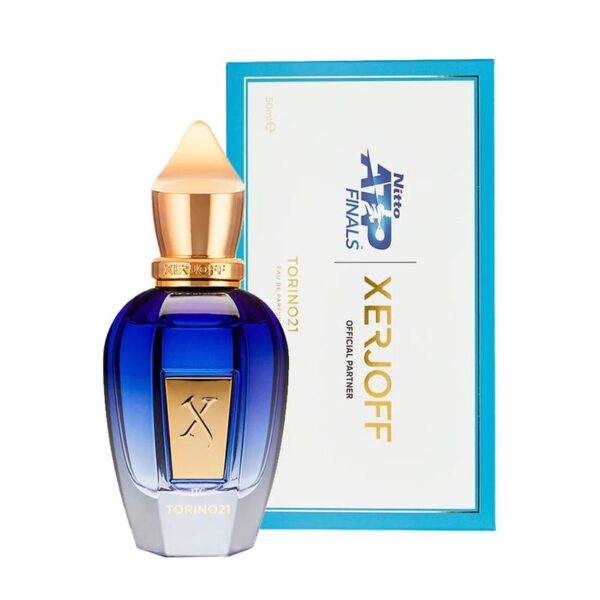 Xerjoff Torino 21 Eau de Parfum luxury blue and gold bottle with elegant design
